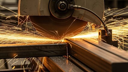 Industrial Cutting Machine in Action Sparks Flying Metal Sheet