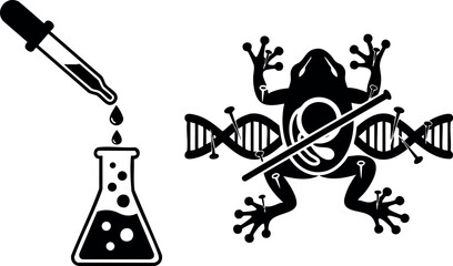 Bold flat design genetic experiment icon with frog silhouette, crossed dna helix and laboratory flask with pipette droplets, black monochrome biology graphic, ethical biotech theme