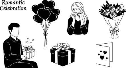 Minimalist line art romantic celebration vector set with man giving gift, smiling woman, heart balloons, bouquet, present box and love card for valentine’s day