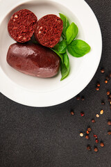 Black pudding blood sausage dish natural product tasty snack fresh delicious gourmet food background on the table rustic top view copy space