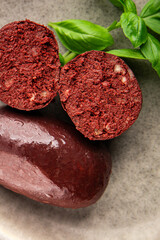 Black pudding blood sausage dish natural product tasty snack fresh delicious gourmet food background on the table rustic top view copy space