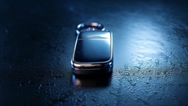 Ultra HD Sleek metallic car key fob or electronic device with keyring resting on a dark, wet, textured surface under blue light video