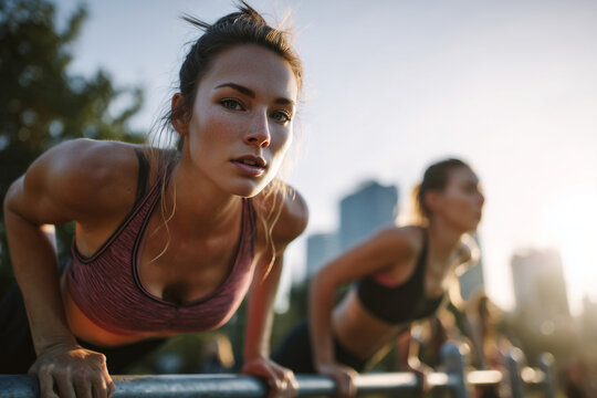 Focused young women performing outdoor bodyweight push-ups on parallel bars in an urban park at golden hour &mdash; group fitness, strength, determination