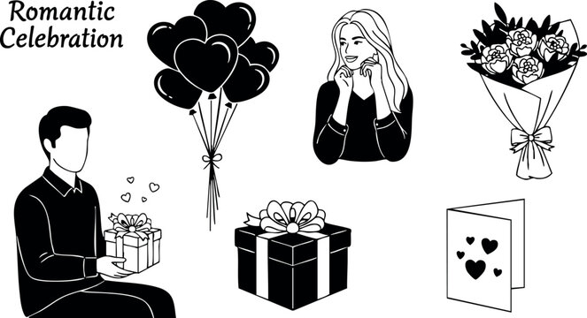 Minimalist line art romantic celebration vector set with man giving gift, smiling woman, heart balloons, bouquet, present box and love card for valentine’s day - Powered by Adobe