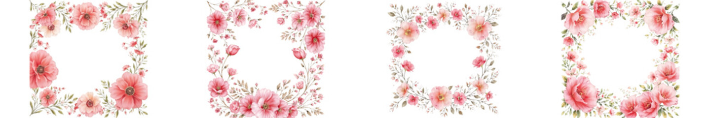 Fototapeta premium Four distinct delicate pink floral frames with green leaves each showcasing unique botanical artistry isolate