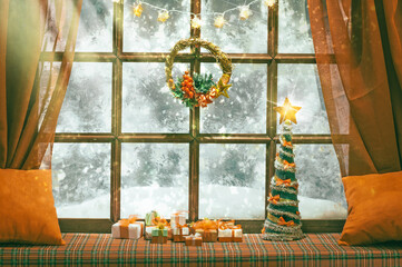 christmas cozy interior background with window tree illuminated with lights and gift boxes