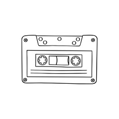 Music Tape. Hand drawn line 80s and 90s illustration isolated on white background. Retro audio cassette. Vintage Mixtape