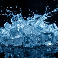 Frozen blue transparent ice cubes falling on black background with water splashes.