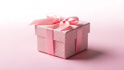 Obraz premium Pink Polka Dot Gift Box with Soft Pastel Pink Satin Ribbon and Elegant Bow on Light Pink Background 