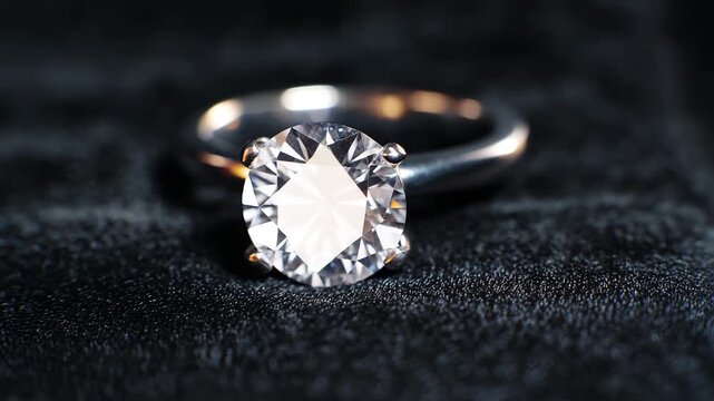 Ultra HD Closeup macro shot of a brilliant cut diamond solitaire engagement ring set on a dark textured fabric surface video