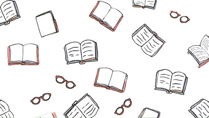Illustration of books and glasses scattered on a white background.