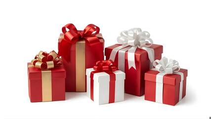 Obraz premium Christmas presents, christmas gifts, red, white, gold color scheme, modern design with ribbons, png, isolated on transparent background, perfect for design and marketing