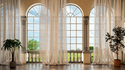 Fototapeta premium Large luxury modern bright interiors Living room mockup illustration 3D rendering image