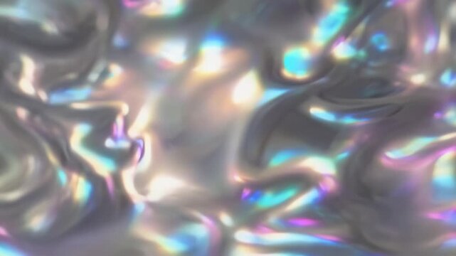 This enchanting video showcases shimmering iridescent waves flowing smoothly, reflecting a mesmerizing array of colors. The captivating visuals create a tranquil atmosphere that indulges the senses.