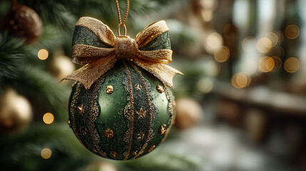 Close up of a green christmas ornament with a gold bow on a christmas tree