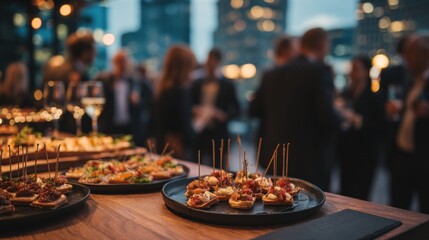 Elegant rooftop party with appetizers and city views.