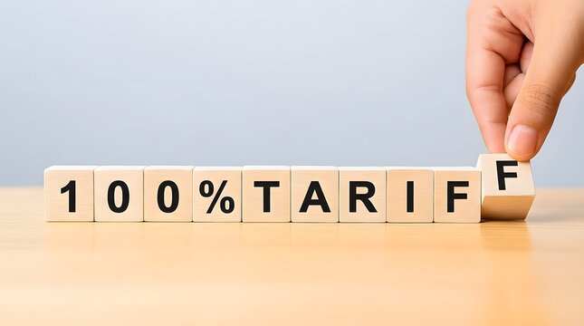 100 Percent Tariff Concept With Wooden Blocks And Hand, High Import Duty, Trade War, Tax Increase, Protectionism And Economic Policy On Light Desk Background