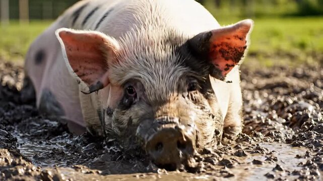 Domestic farm animal in muddy outdoor environment enjoying outdoor activity
