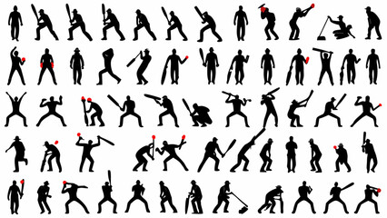 Dynamic cricket players silhouettes collection, showcasing sport action and team spirit, ideal for sports branding and athletic designs with vector scalability
