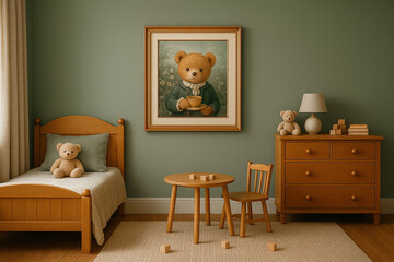 Cozy Minimalist Kids Room with Wooden Furniture and Teddy Bears