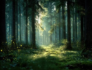 Obraz premium Enchanted Forest - Sunlight Filtering Through the Trees in a Mystical Woods.