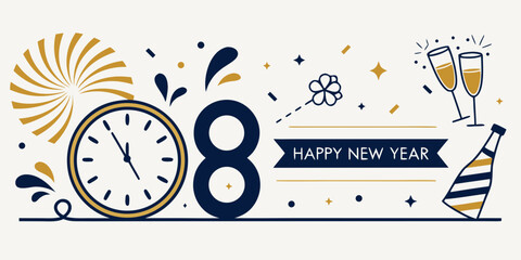 Obraz premium Happy New Year Illustration – Midnight Clock, Fireworks, Champagne & Confetti in Gold & Navy Celebration Theme