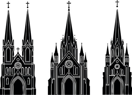 Gothic flat design row of three black cathedral facades with tall pointed spires and crosses, front elevation vector art of ornate church architecture silhouettes