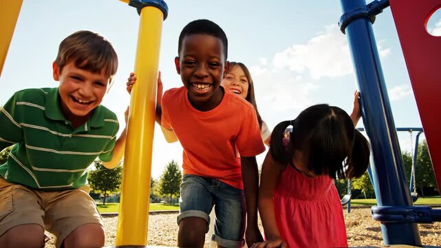Happy diverse children smiling on playground in bright sunlight - Powered by Adobe