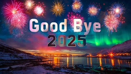 Festive fireworks display over a serene lake at night celebrating the end of 2025 a vibrant and hopeful new year concept with text Goodbye 2025