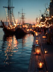 Fototapeta premium Enchanting Evening at the Harbor - Lanterns, Ships, and Twinkling Lights.