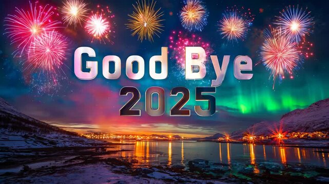 Festive fireworks display over a serene lake at night celebrating the end of 2025 a vibrant and hopeful new year concept with text Goodbye 2025