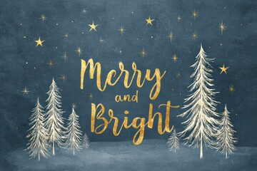 Elegant merry and bright holiday greeting with golden trees and stars