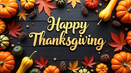 Vibrant Happy Thanksgiving greeting text surrounded by multicolored pumpkins, squash varieties, and scattered fall leaves on dark wooden planks, cozy seasonal composition