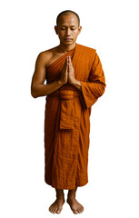 Buddhist Monk Praying in Saffron Robe. Isolated on Transparent Background CutOut