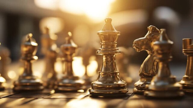 Shiny metal chessmen rise from warm sunlight; each piece in sharp focus on a shiny board, warm glow!