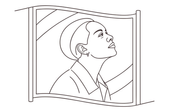 Minimal mono-line face drawing &mdash; continuous single-line art, spacious poster layout, transparent background.