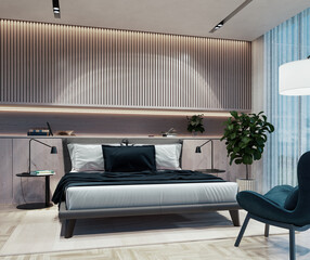 Large luxury modern bright bed room interiors 3D rendering illustration image