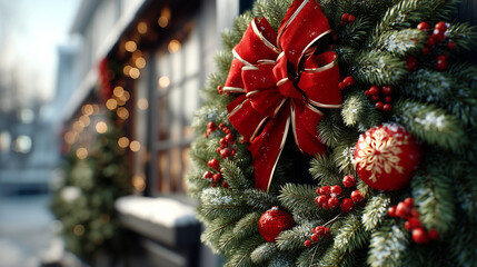 Close up of a christmas wreath with red bow and ornaments on a building door