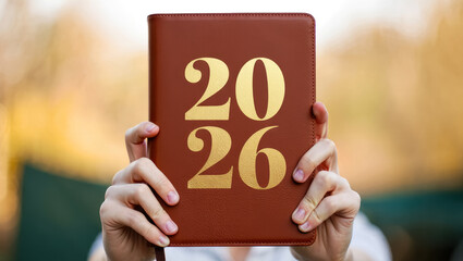 Close-up of hands holding a brown leather 2026 planner with large gold numbers, shown in soft warm light with a gently blurred background creating a clean, modern and elegant atmosphere