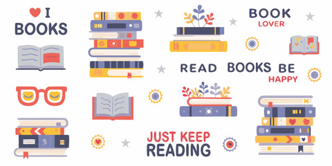 Fototapeta premium Cute book lover illustrations with inspiring reading quotes