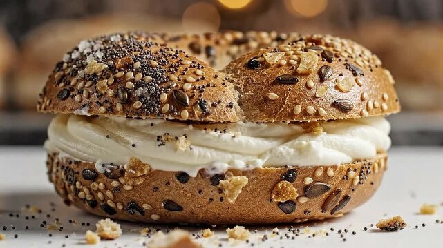Delightful everything bagel with creamy cheese, a mouthwatering breakfast or brunch treat, perfect for food blogs and culinary promotions that inspire craving