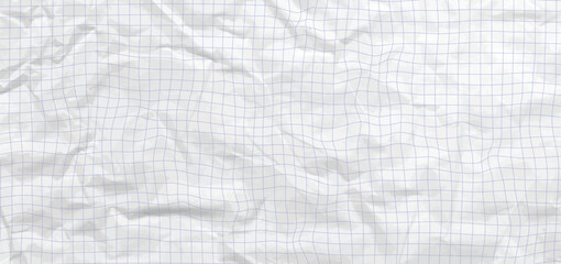 Obraz premium Realistic crumpled notebook paper background with fold texture and soft blue grid bg design. Diary sheet for education, school, craft, collage or scrapbook note composition. Vector
