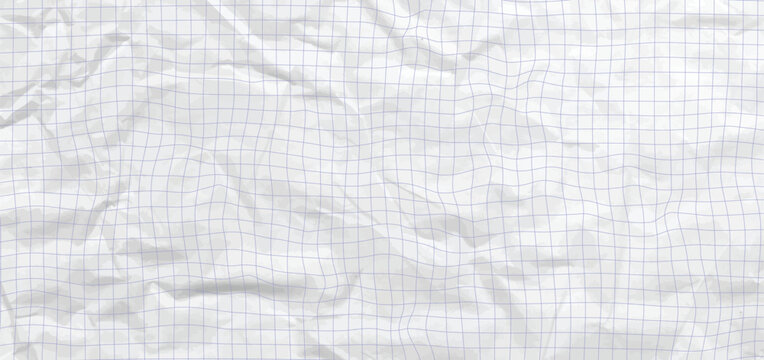 Realistic crumpled notebook paper background with fold texture and soft blue grid bg design. Diary sheet for education, school, craft, collage or scrapbook note composition. Vector