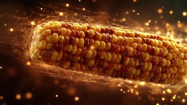 Golden corn on the cob glows amid radiant sparks and flowing energy, fiery and vivid amber radiance