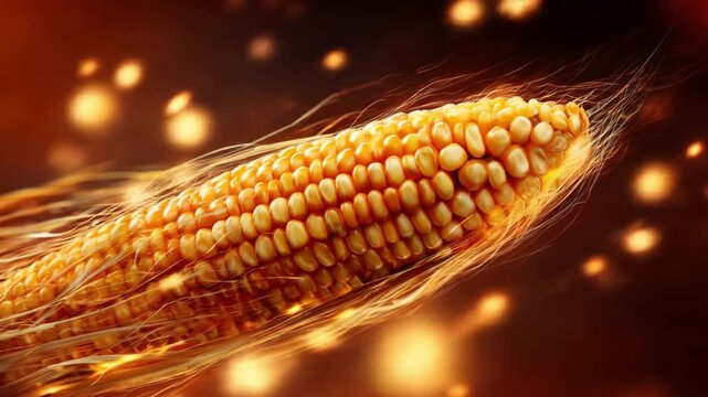 A close-up corn cob with glistening golden kernels and wispy husk fibers, radiant amber glow. vivid