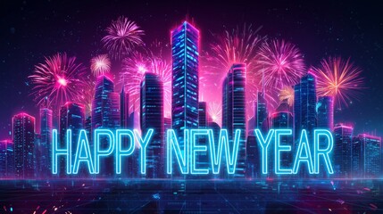 Happy New Year artwork featuring a neon cyberpunk cityscape, glowing text "Happy New Year" in neon, dramatic pink fireworks in the sky, vector-style illustration with a futuristic festival