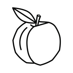 Simple hand drawn outline of a peach with a leaf and stem