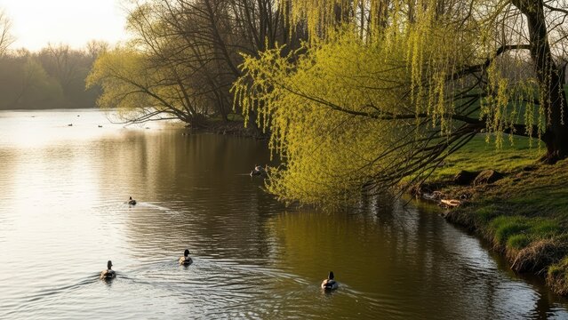 Serene spring lake at sunset with ducks and lush greenery - Powered by Adobe