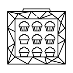 Line art illustration of a box filled with nine delicious cupcakes arranged in three rows