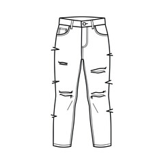 Line art illustration of ripped denim jeans with distressed details and pockets